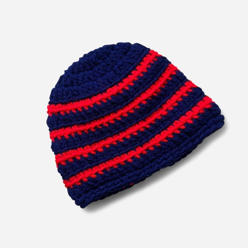 Navy and Red Hand Knit Beanie Hat